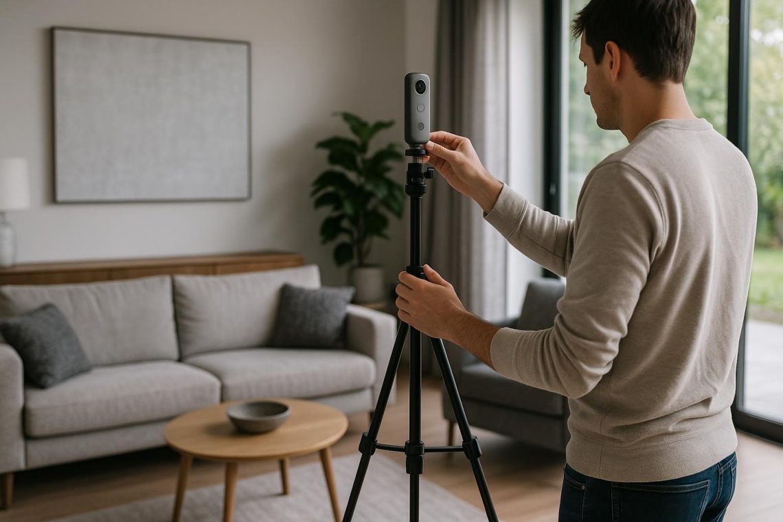 A photographer using a 360-degree camera on a tripod inside a modern living room