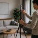 A photographer using a 360-degree camera on a tripod inside a modern living room