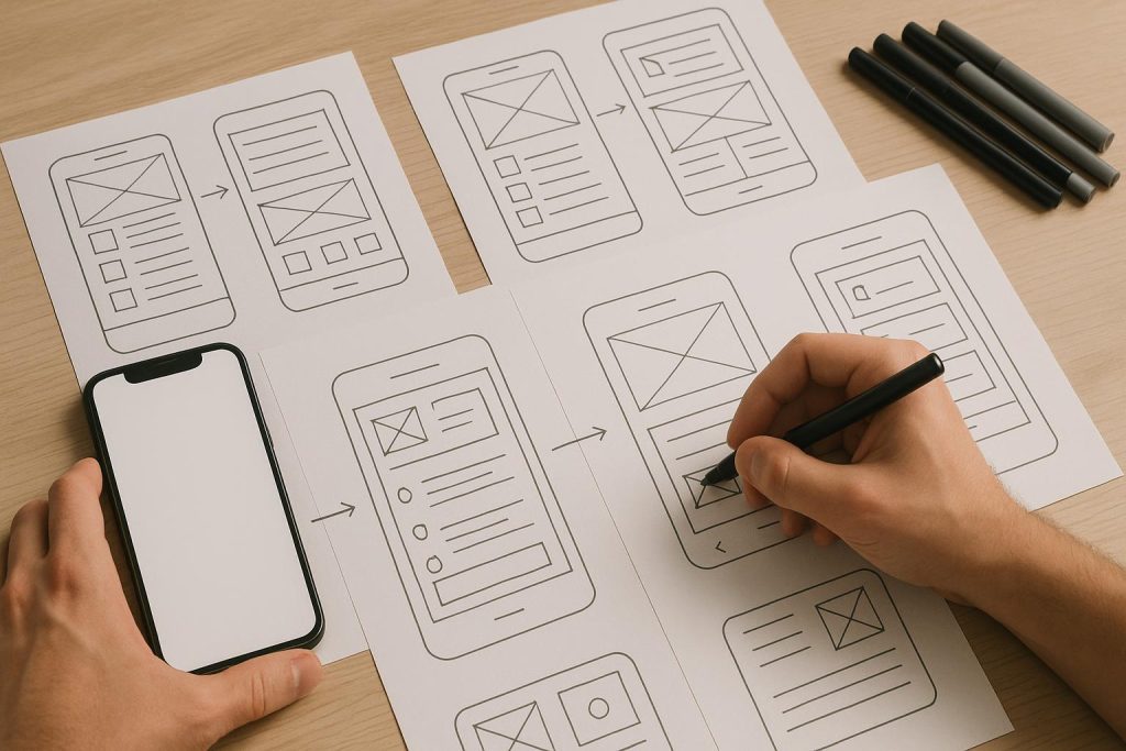 A developer sketching mobile app wireframes with a smartphone mockup
