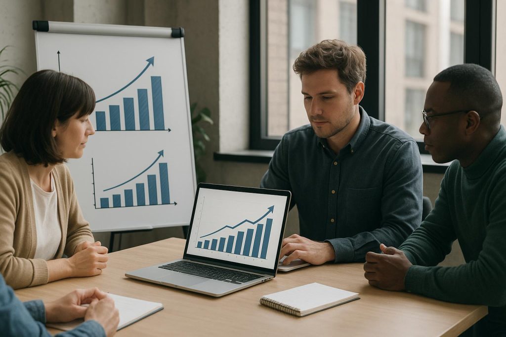 A B2B marketing team analysing growth charts in a modern office