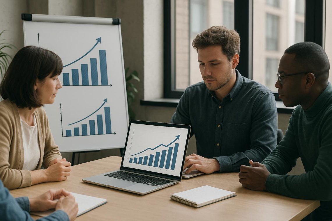 A B2B marketing team analysing growth charts in a modern office