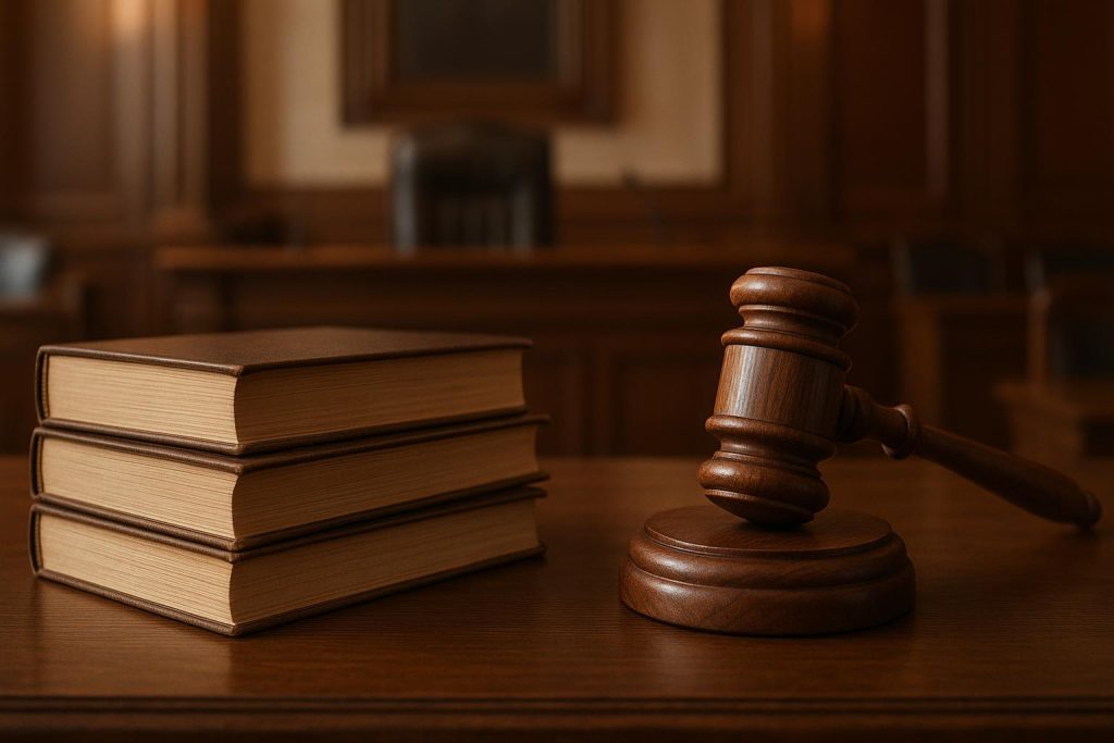 A gavel and law books on a desk in a courtroom setting