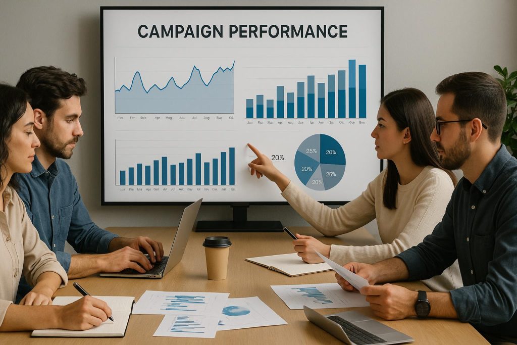 A digital marketing team collaborating with campaign performance graphs
