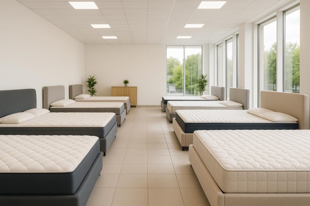 A bright modern mattress showroom with neatly arranged beds on display