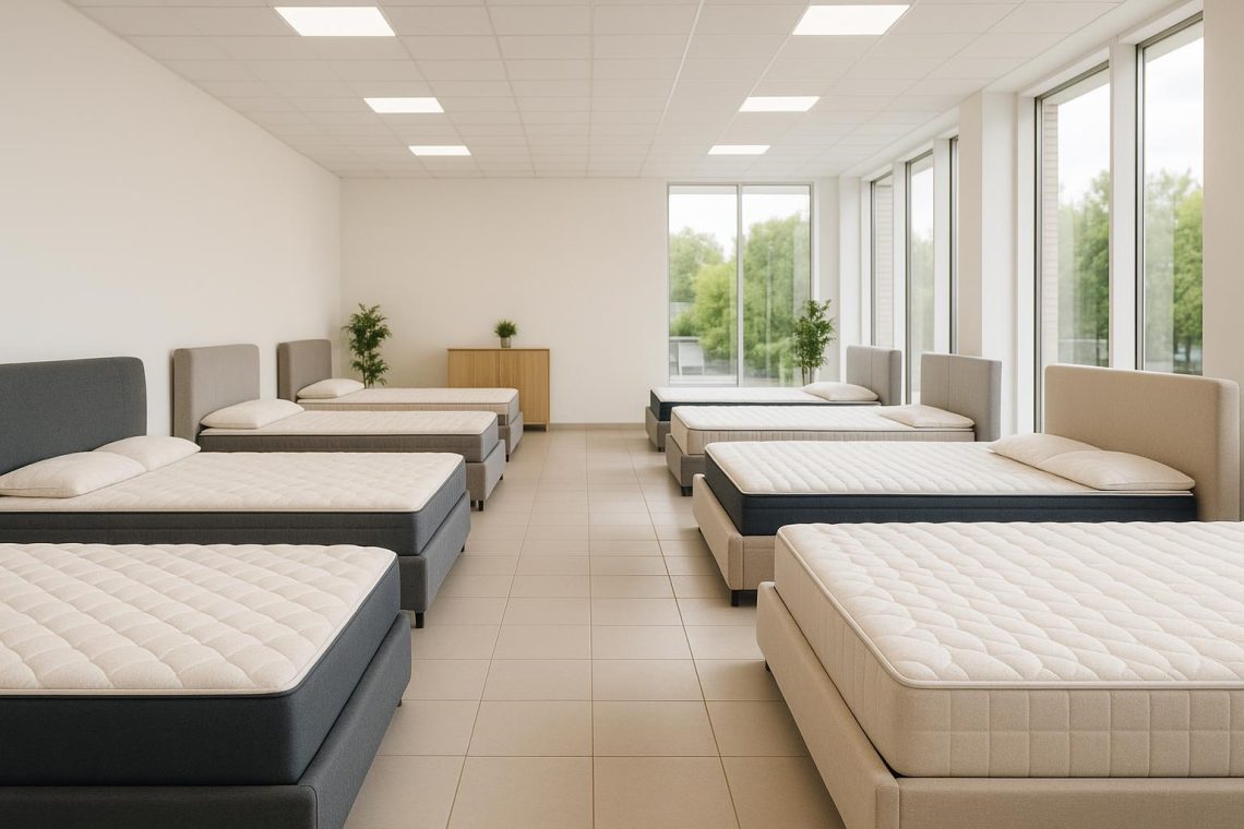 A bright modern mattress showroom with neatly arranged beds on display
