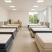 A bright modern mattress showroom with neatly arranged beds on display