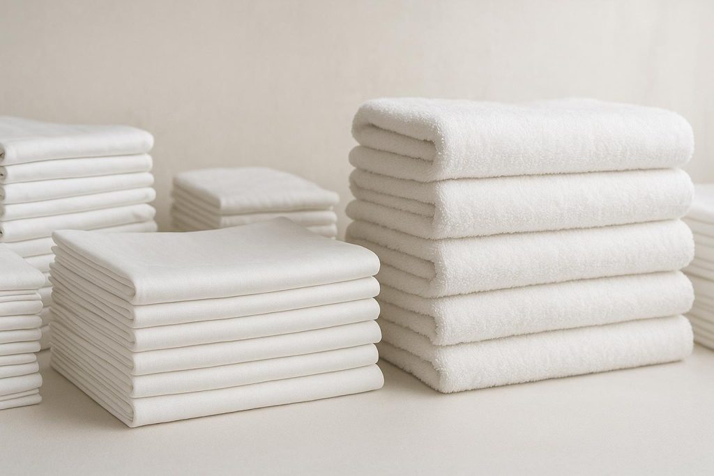 Stacks of crisp white folded hotel linen and towels ready for delivery