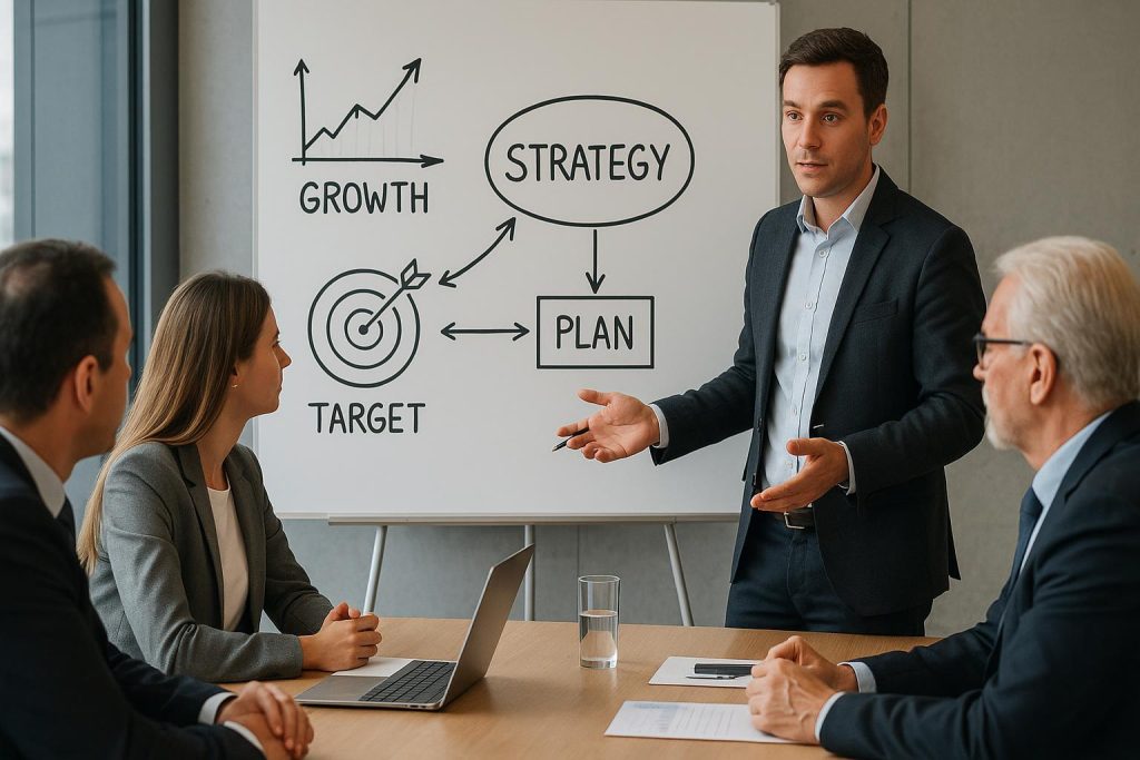 A management consultant presenting strategy diagrams to business leaders