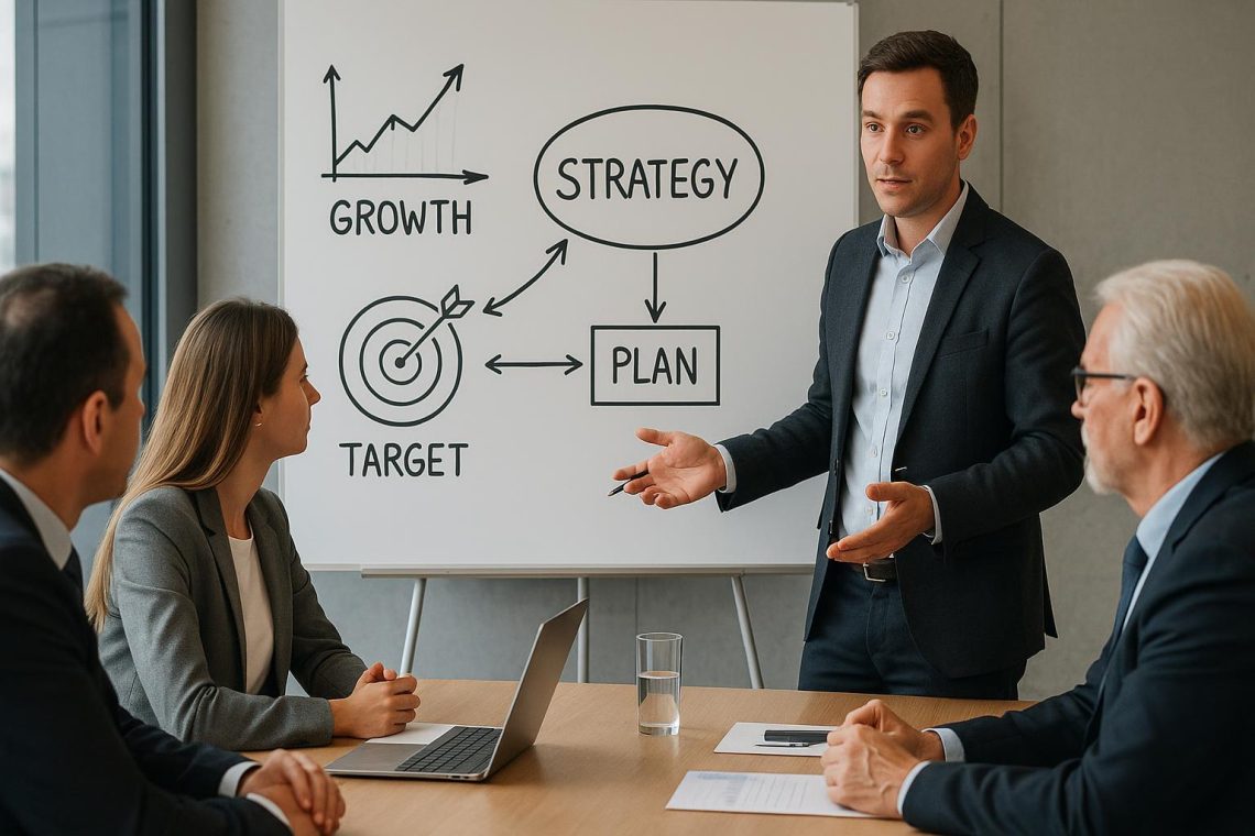 A management consultant presenting strategy diagrams to business leaders