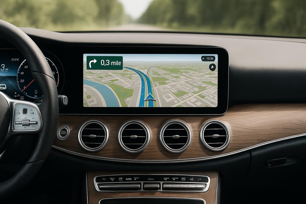 A Mercedes car dashboard with a modern infotainment screen showing navigation