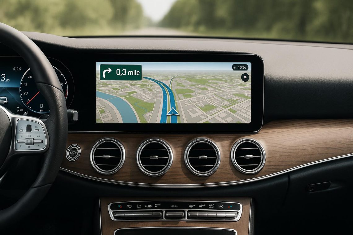 A Mercedes car dashboard with a modern infotainment screen showing navigation