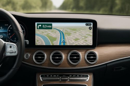 A Mercedes car dashboard with a modern infotainment screen showing navigation
