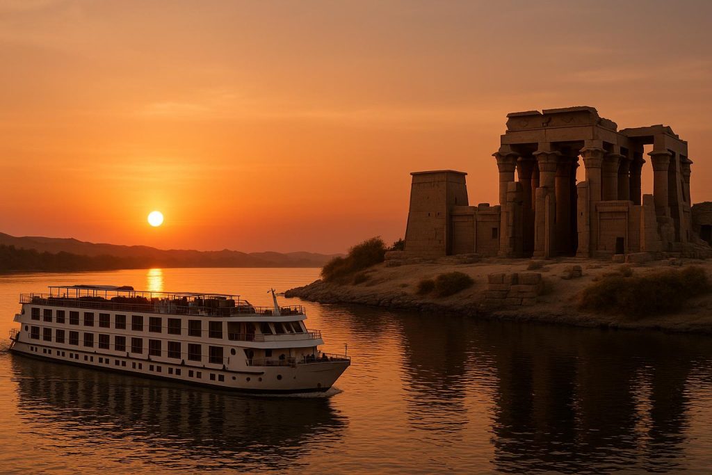 A Nile river cruise ship sailing past ancient Egyptian temple ruins at sunset