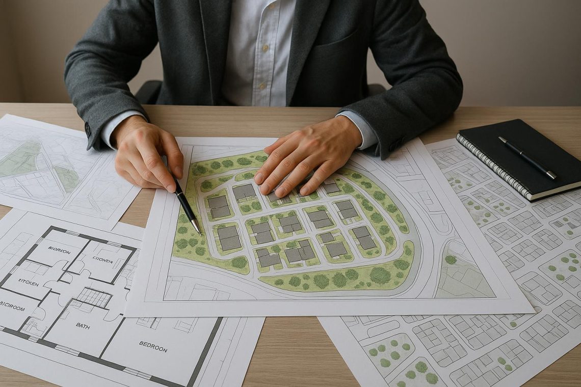 A town planning consultant reviewing architectural blueprints and site plans