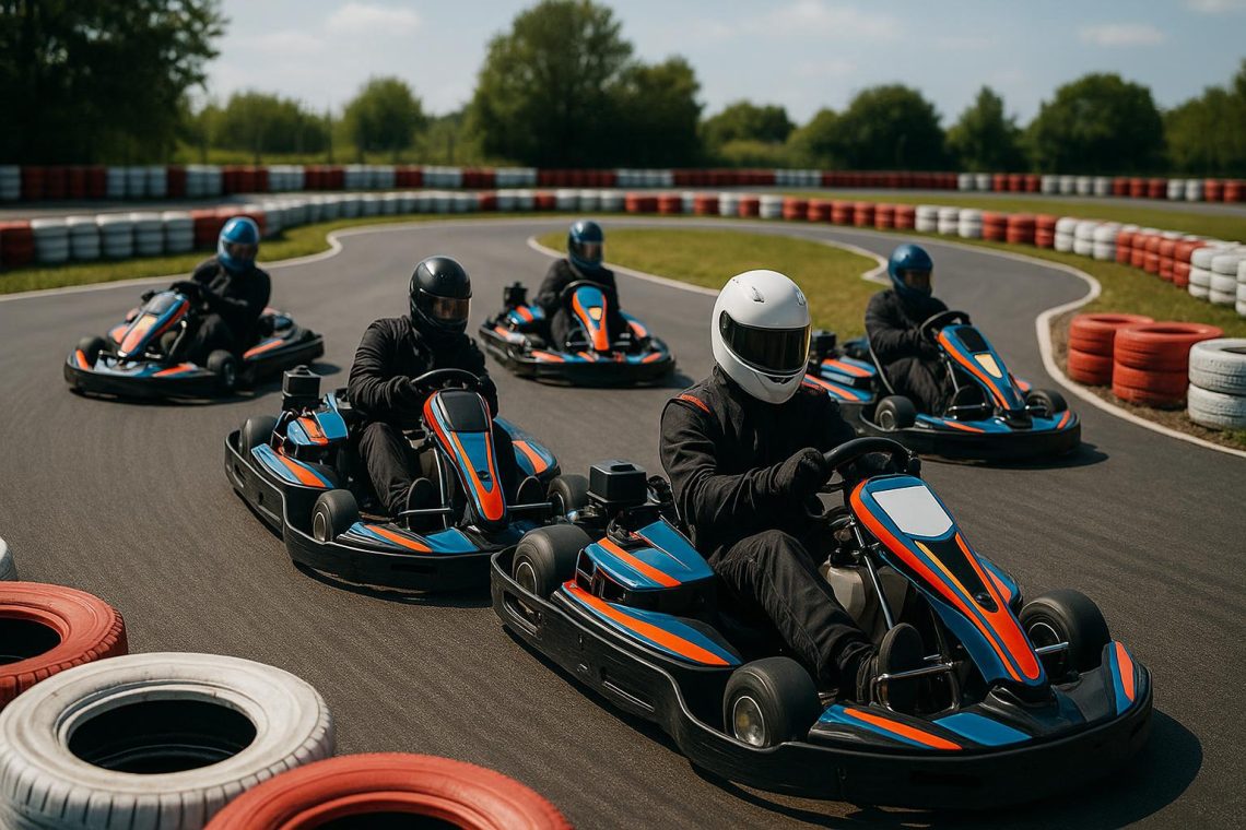 Go-karts racing around a competitive outdoor track