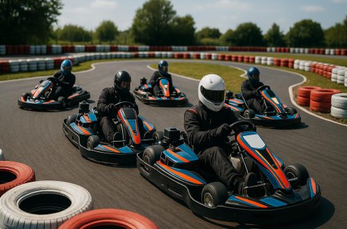 Go-karts racing around a competitive outdoor track