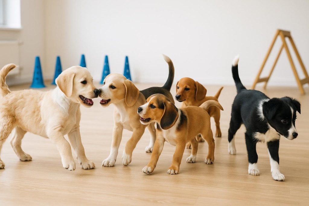A group of playful puppies socialising together in a bright indoor training space