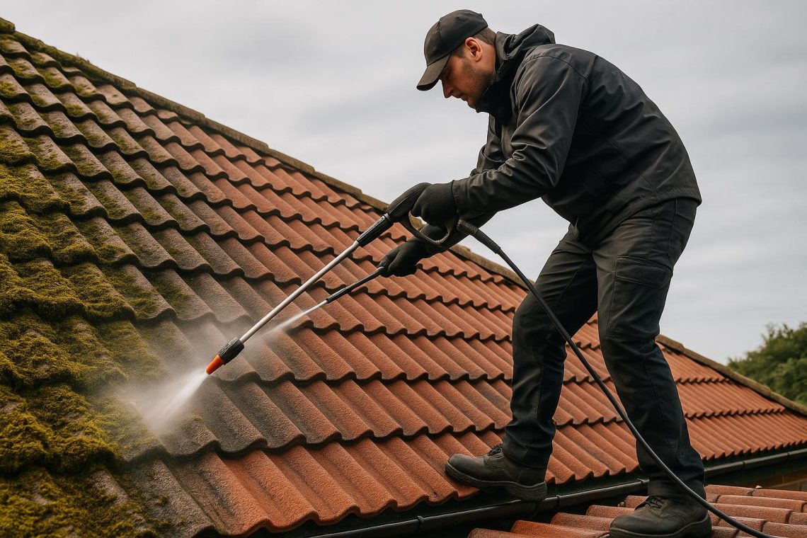 A roofer removing moss from roof tiles with specialist equipment
