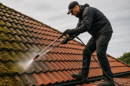 A roofer removing moss from roof tiles with specialist equipment