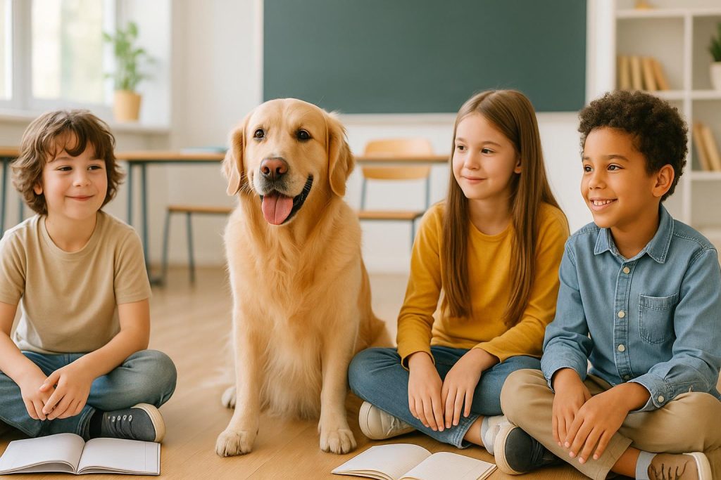 A friendly calm dog sitting with schoolchildren in a bright classroom