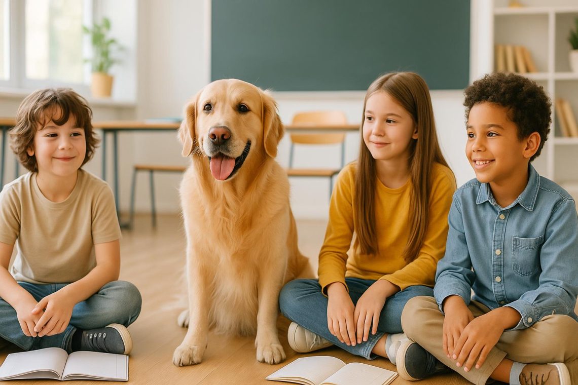 A friendly calm dog sitting with schoolchildren in a bright classroom