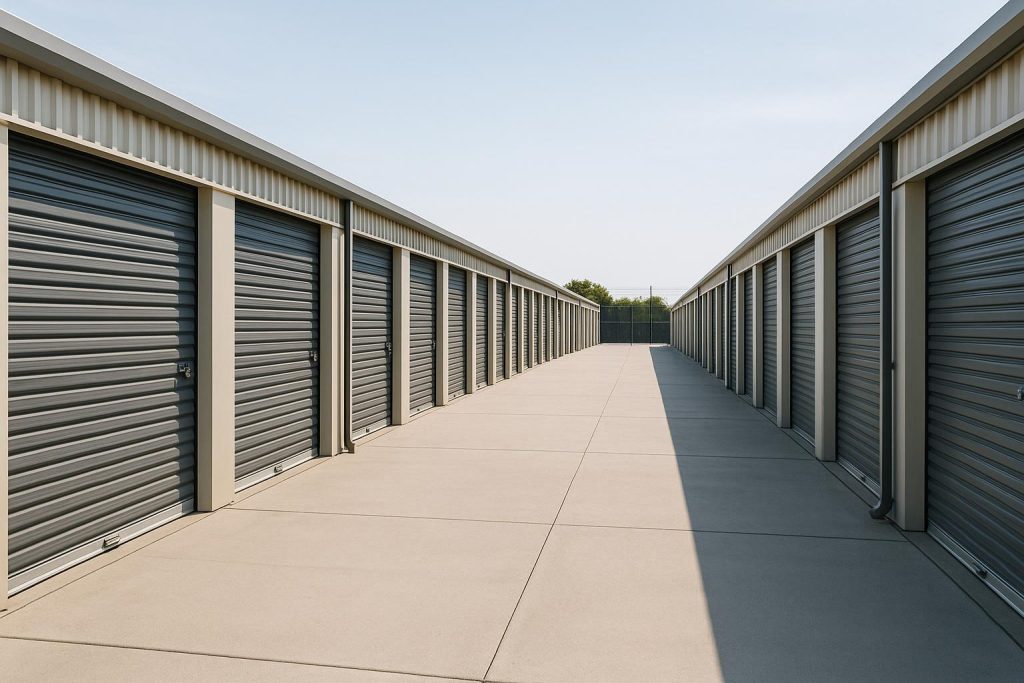 Rows of self storage units with roller doors in a secure facility