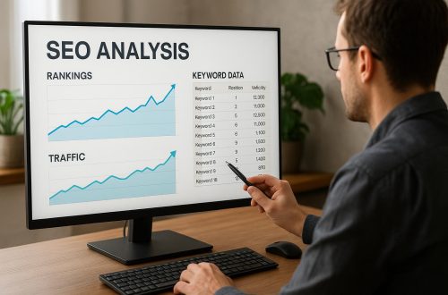 An SEO specialist analysing website ranking graphs and keyword data