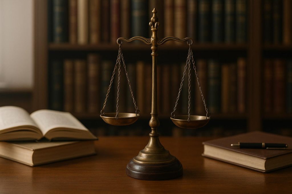 Scales of justice on a solicitor's desk with law books