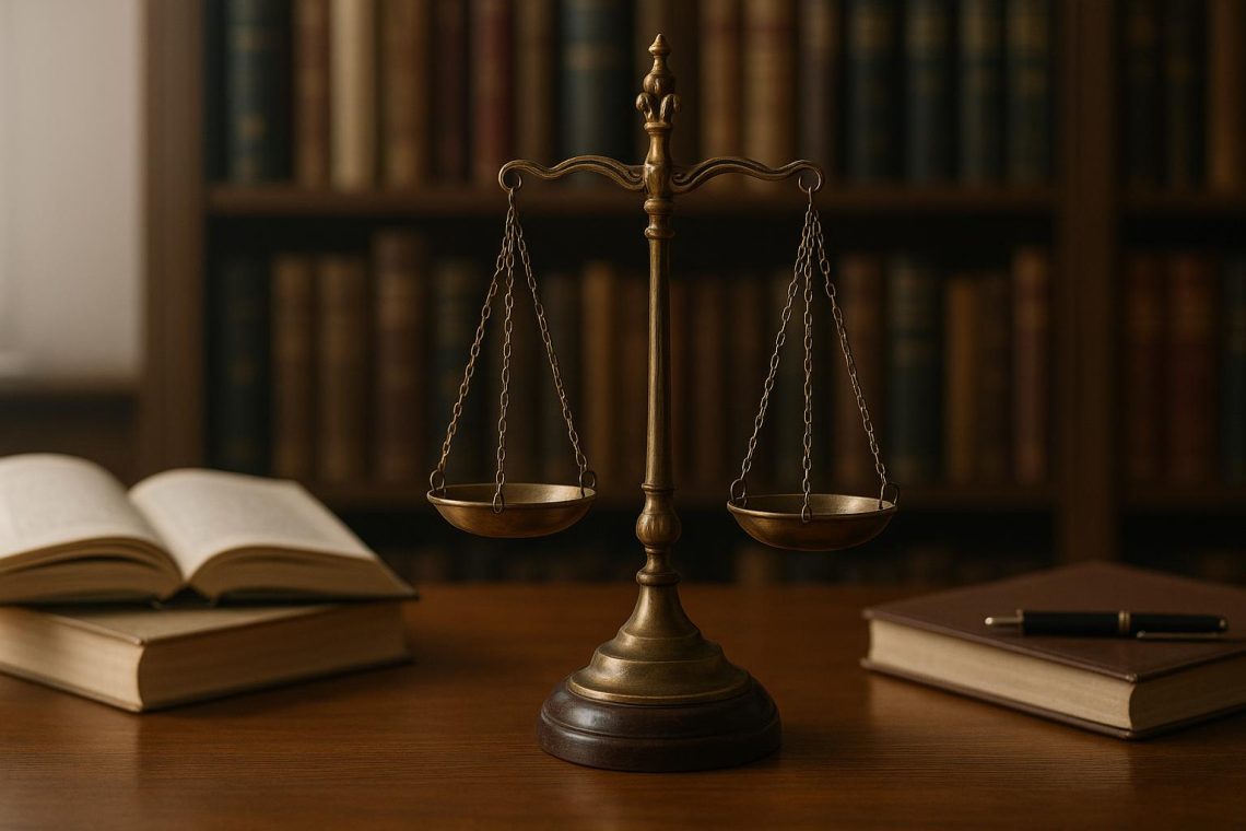 Scales of justice on a solicitor's desk with law books