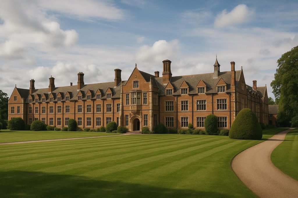A historic English boarding school building with manicured grounds