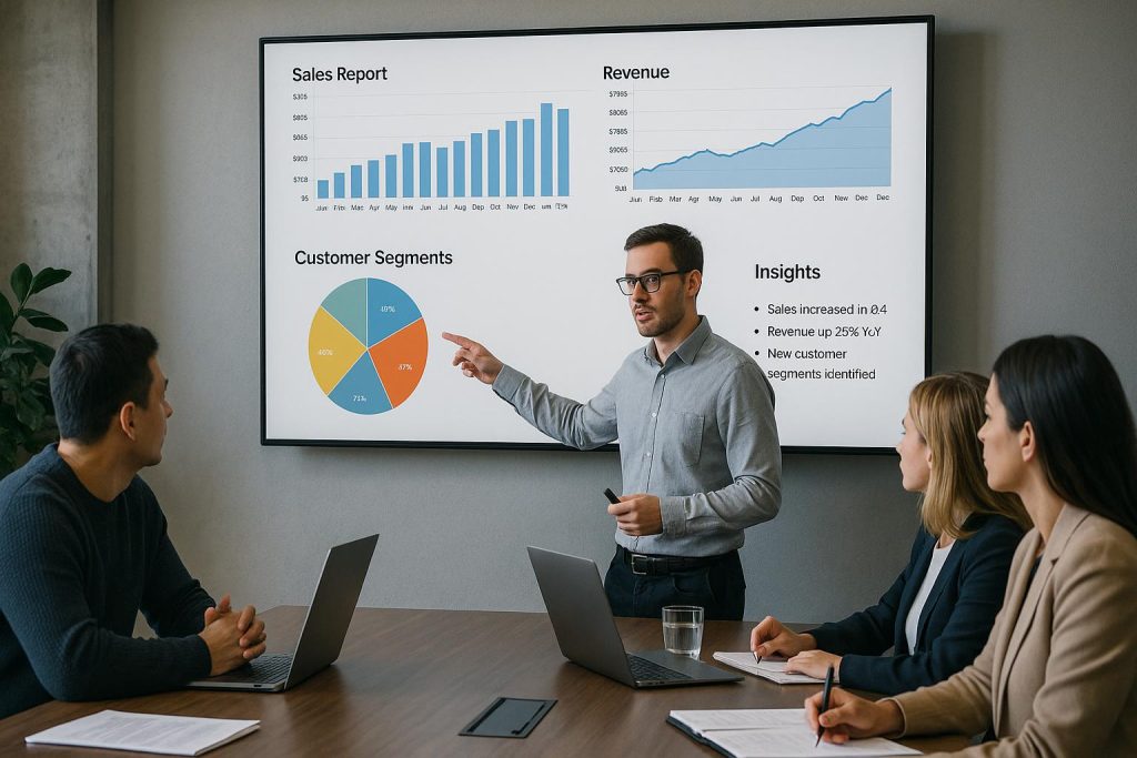 A researcher presenting data charts and insights to colleagues