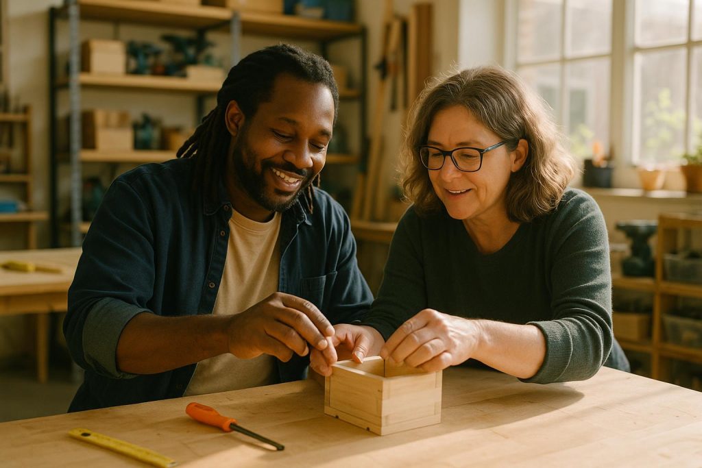 Two adults working together at a bench in a bright community workshop